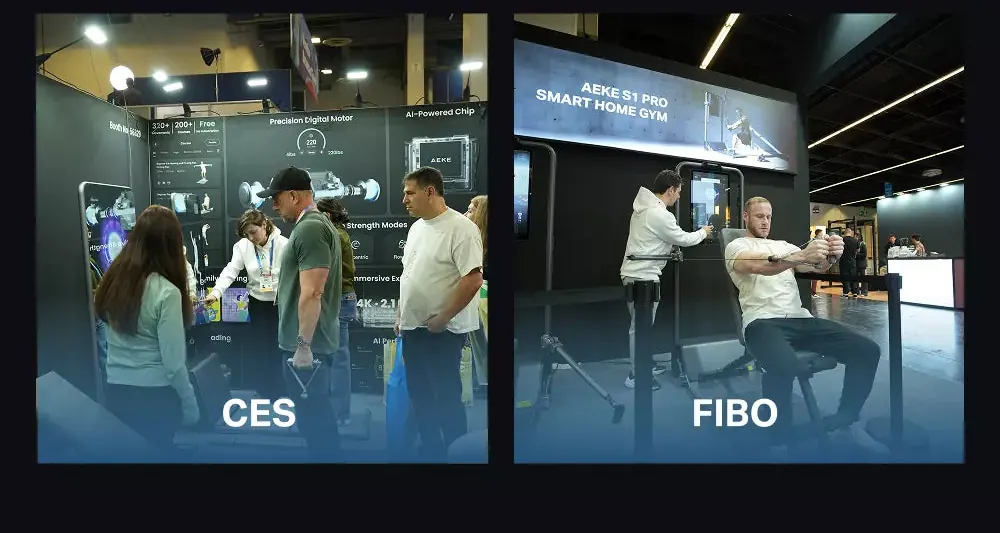 Estandes da AEKE nas feiras CES, em Las Vegas, e FIBO, na Alemanha, com visitantes testando o equipamento